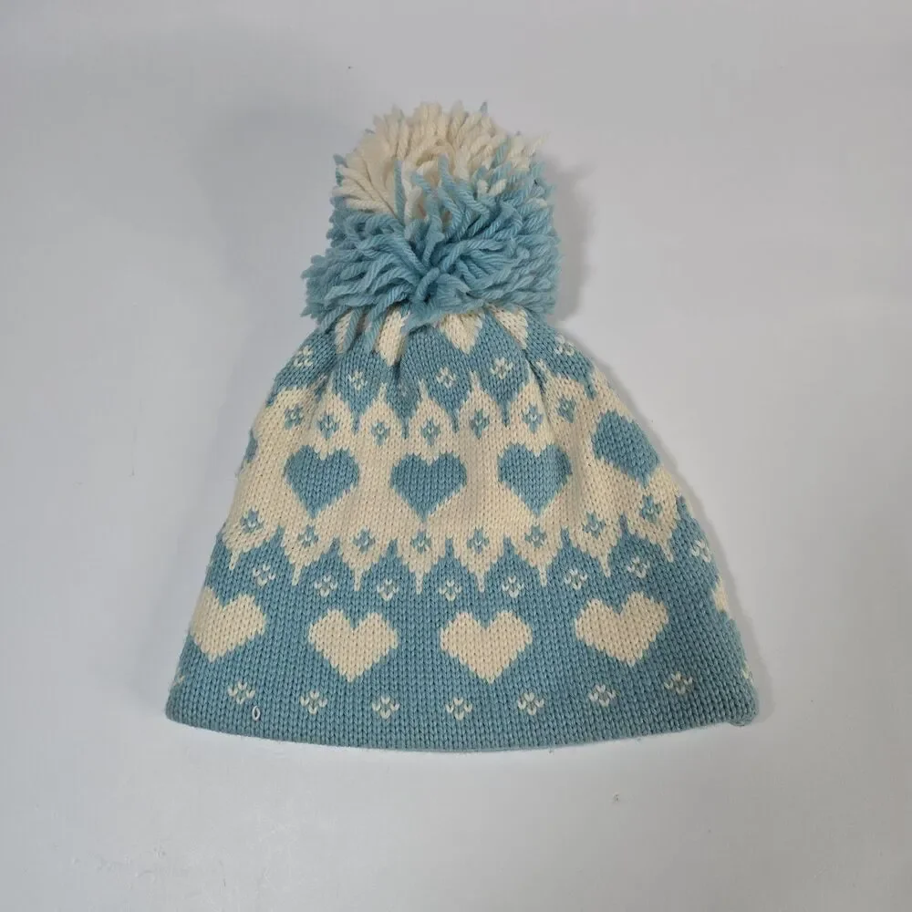 Winter Beanie Hat Knit With Pure 100% Wool Pompom Blue White HEARTS Cottagecore